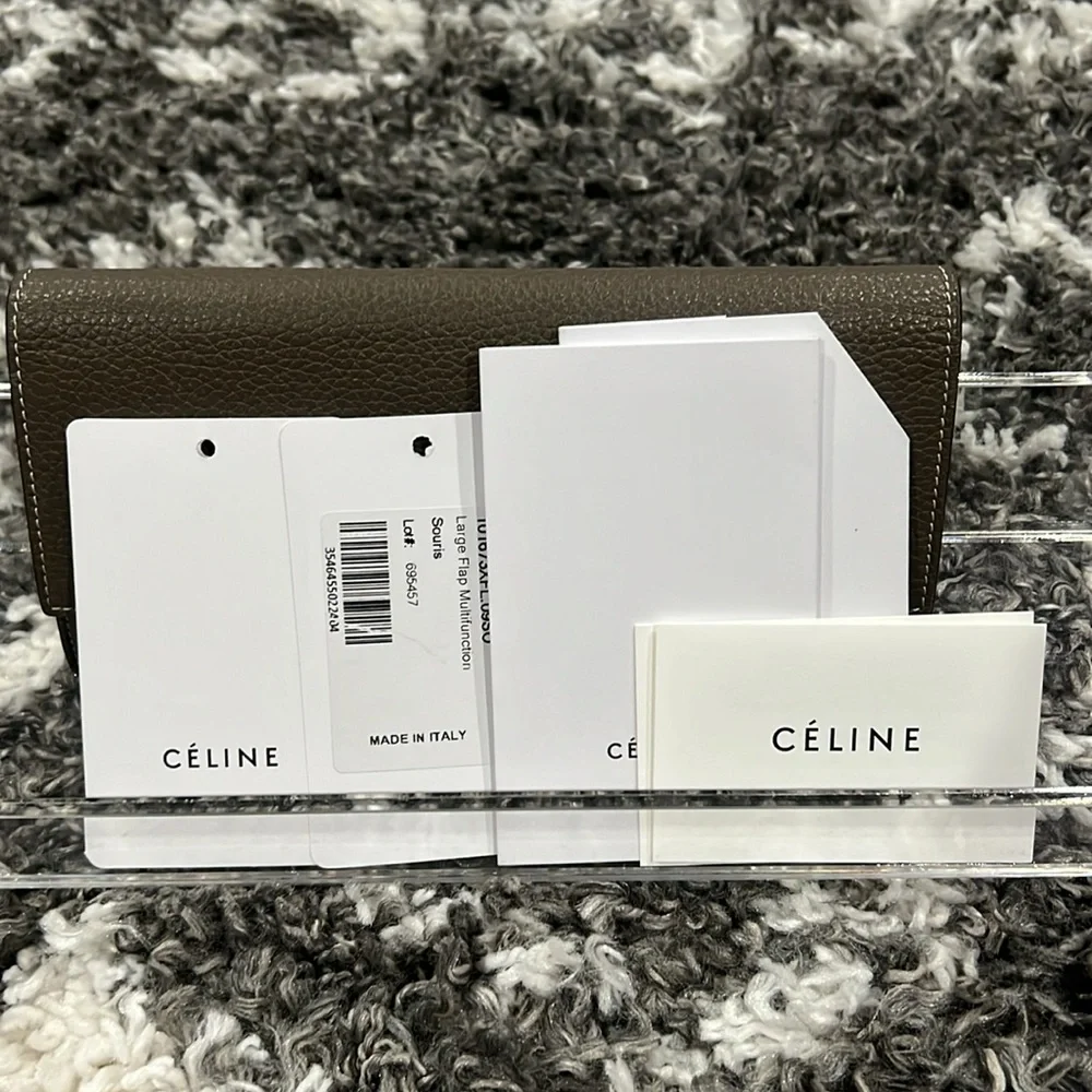 Authentic CELINE Calfskin Leather Souris Gray Yellow Large Flap Long Wallet - Picture 15 of 16